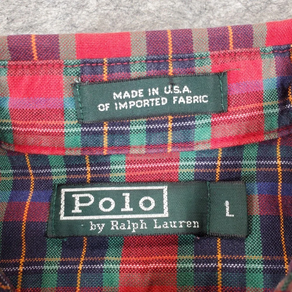 Polo Ralph Lauren Button Down Mens L Red Plaid Crest Logo Long Sleeve USA Made